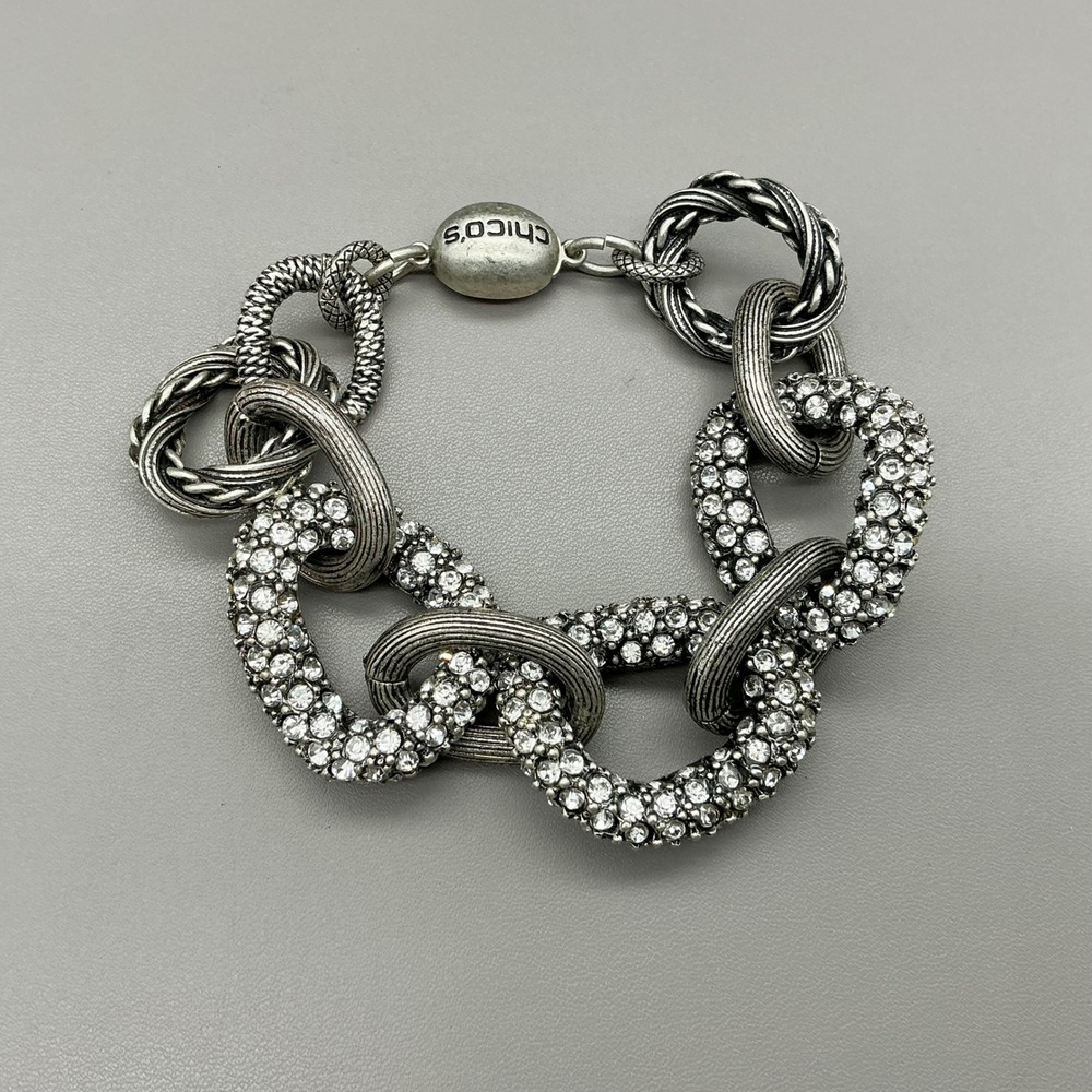 Chico's Bracelet Women Silver Rhinestone Chunky Mixed Link Magnetic Clasp 8.5"